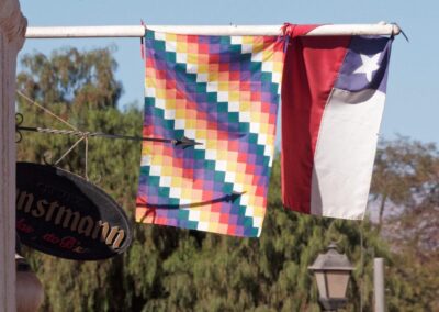 Drapeaux arc-en-ciel des peuples originaires et chiliens à San Pedro (©JMDK AFA-2018)